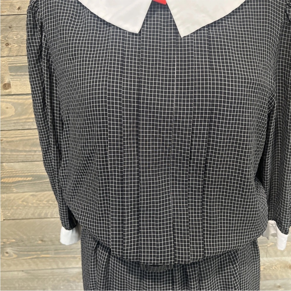 Vintage 80s Liz Roberts Peter Pan Collar Dress Size 16 Black White Belted - Picture 3 of 15